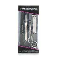 Tweezerman Essential Grooming Kit: Fingernail Clipper + Facial Hair Scissors + Nail Cleaner + Splinter Removal 4pcs