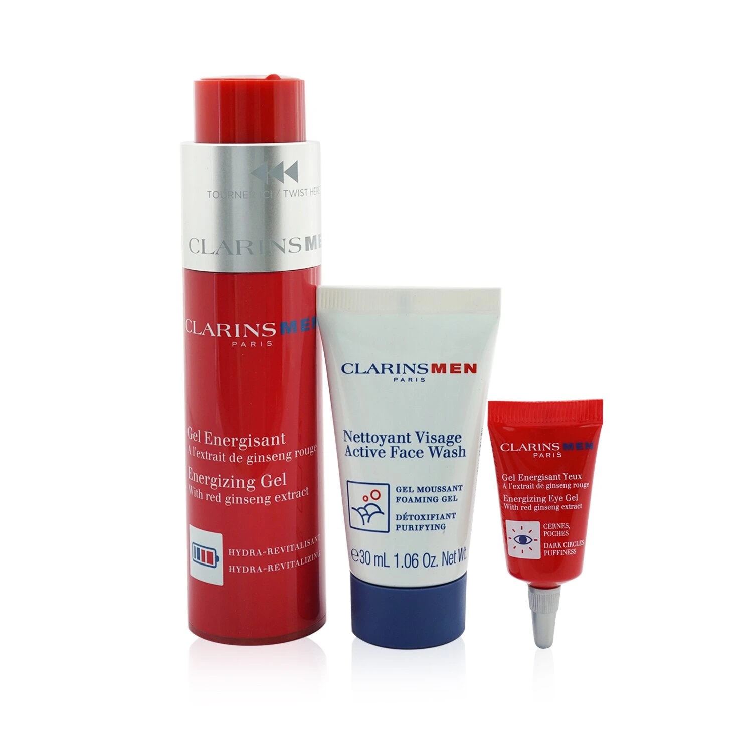 Clarins Clarinsmen Energizing Essentials Set: Energizing Gel 50ml + Active Face Wash 30ml + Energizing Eye Gel 3ml + Bag 3pcs+1bag 3 Clarins Clarinsmen Energizing Essentials Set: Energizing Gel 50ml + Active Face Wash 30ml + Energizing Eye Gel 3ml + Bag 3pcs+1bag